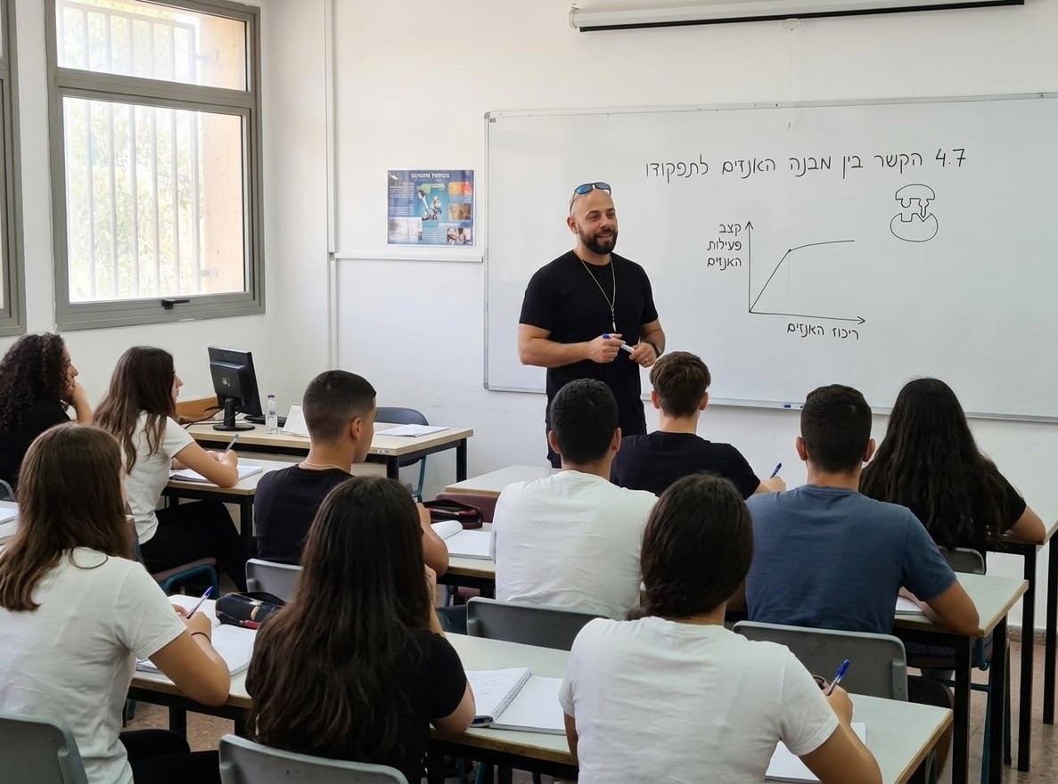 נתנאל מלמד את הקשר בין אנזימים ל-DNA על הלוח